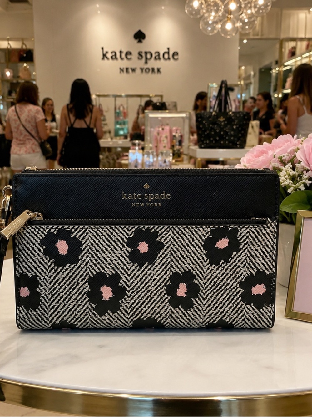 kate spade Black and Pink Floral Zip Wristlet Wallet